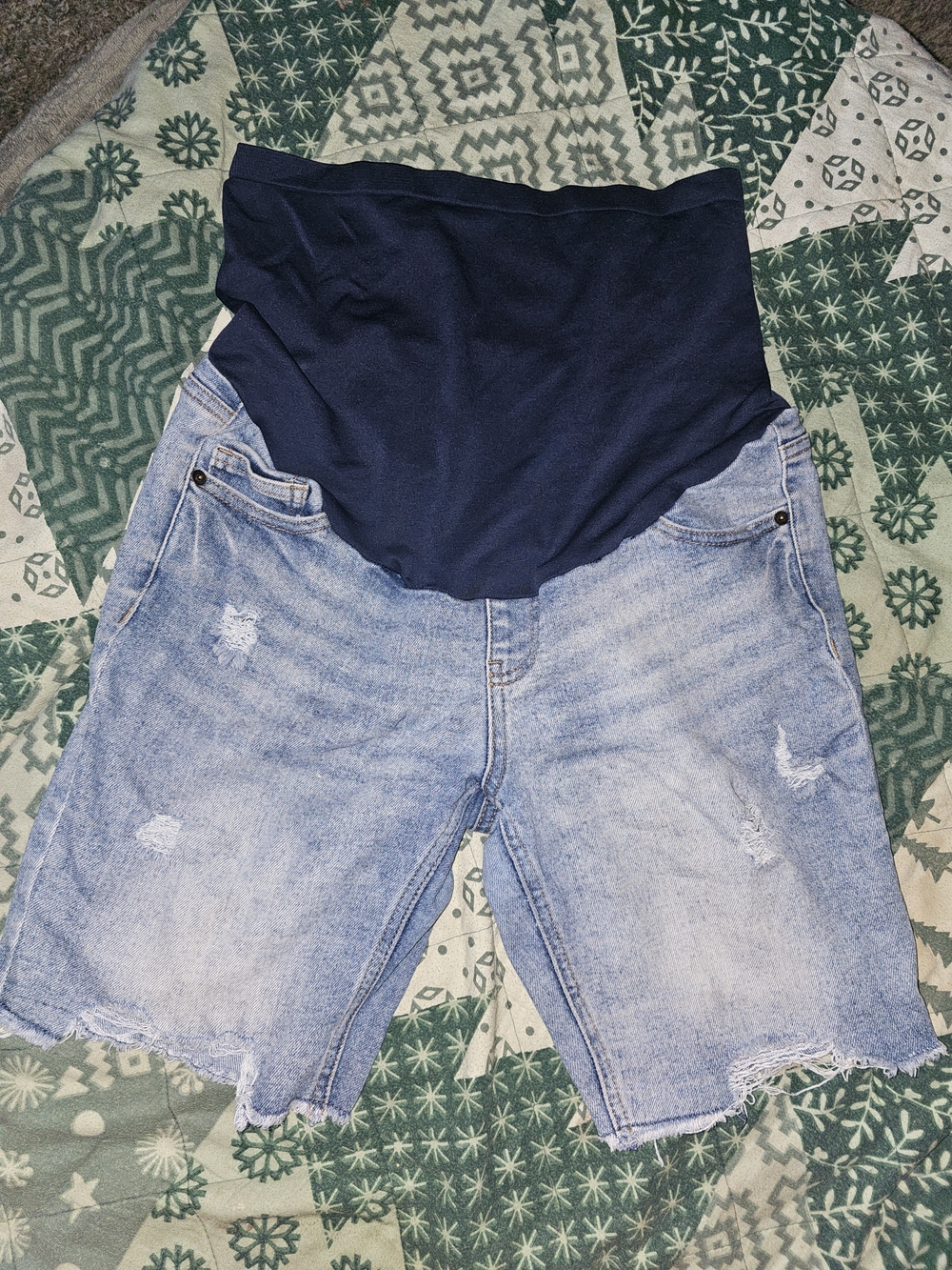 Maternity Denim Bermuda Shorts with Navy Overband